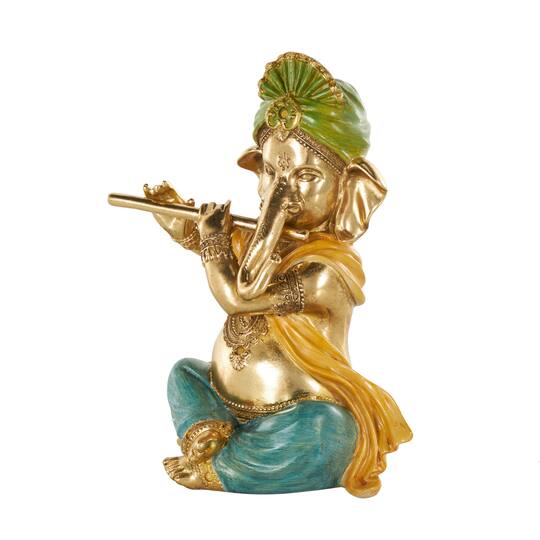 11" Gold Resin Ganesh Musician Decorative Sculpture